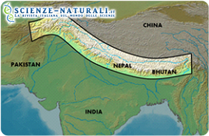Regione himalayana. Evidenziata la regione interessata dalla lunga frattura prodotta dagli eventi sismicitra la placca Indiana e la placca Asiatica