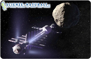 Raffigurazione di un trattore gravitazionale mentre cerca di cambiare la traiettoria di un asteroide (fonte NASA)