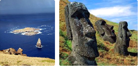 A sinistra: l’isolotto di Motu Nui. A destra: tre moai, di cui uno abbattuto, probabilmente durante il passaggio dal culto delle statue a quello dell’Uomo-uccello.