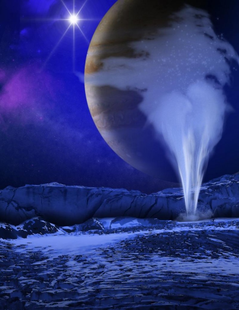 Raffigurazione di fantasia di un pennacchio di vapore acqueo espulso dalla superficie ghiacciata di Europa, una delle lune di Giove, situata a circa 800.000 chilometri dal Sole (credit: NASA / ESA) 