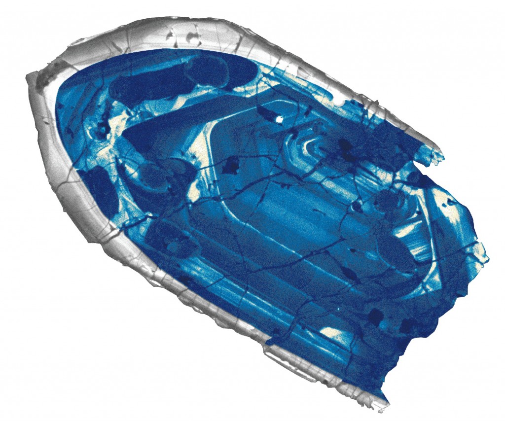 Immagine di microscopio a falsi colori di uno zircone con 4 miliardi di anni. Di: John Valley.