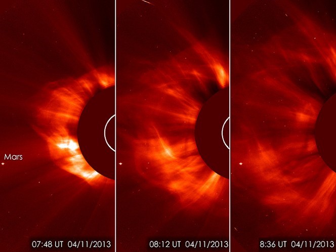 Il Solar Heliospheric Observatory (SOHO) ha catturato queste immagini di espulsione di massa coronale (flare). Sulla sinistra è visibile Marte che non dispone di sufficiente atmosfera e di campi magnetici protettivi come il nostro pianeta. Fonte ESA/NASA/SOHO/GSF